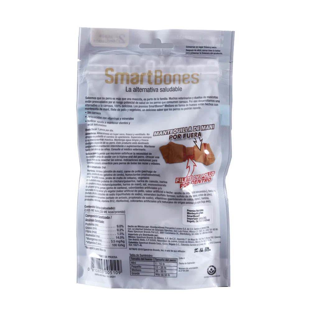 Snack para perros medianos Smartbones Mantequilla de Mani Paquete 2 Und