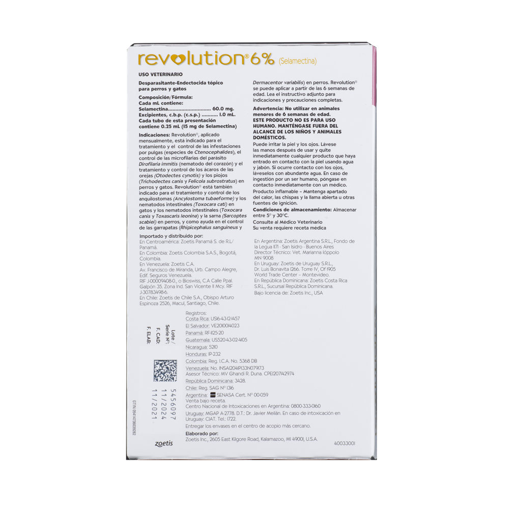 Antiparasitario Revolution Perro y Gato 6% 0,25ml (Hasta 2,5 Kg)