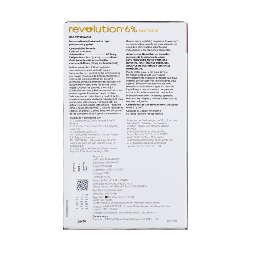 Antiparasitario Revolution Perro y Gato 6% 0,25ml (Hasta 2,5 Kg)