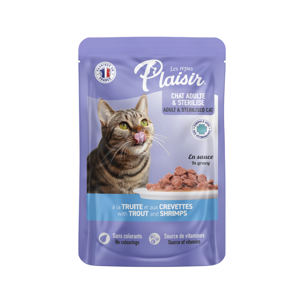 Plaisir Gato Adulto: Alimento húmedo - Trocitos con trucha y camarón en salsa