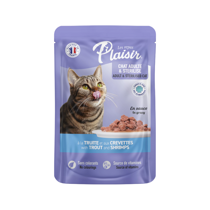 Plaisir Gato Adulto: Alimento húmedo - Trocitos con trucha y camarón en salsa