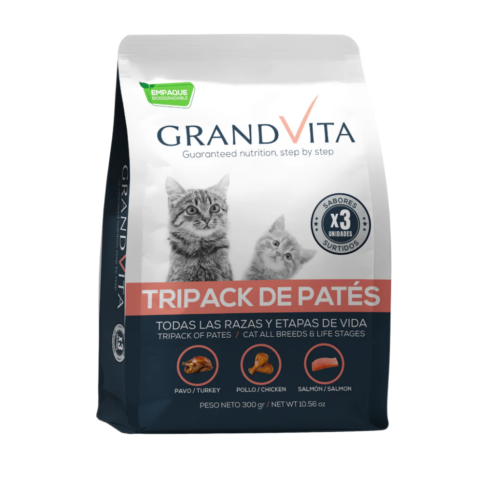 Comida Húmeda para gato Grand Vita paté sabor tripack surtido 300 Gr