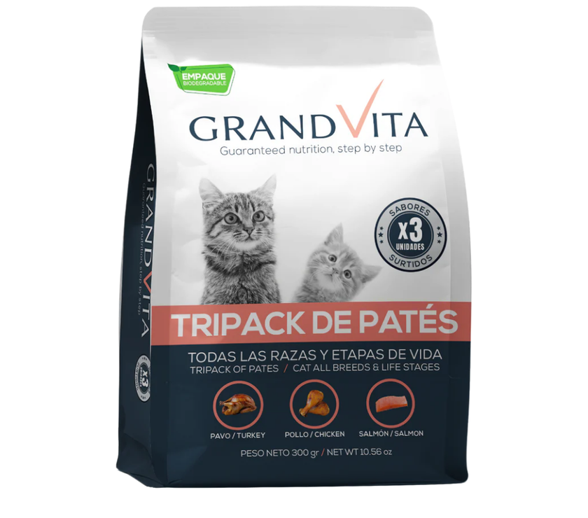 Comida Húmeda para gato Grand Vita paté sabor tripack surtido 300 Gr